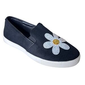 Katy Perry Sneakers Size 10 Black Canvas Slip On Daisy Rhinestone Embellished